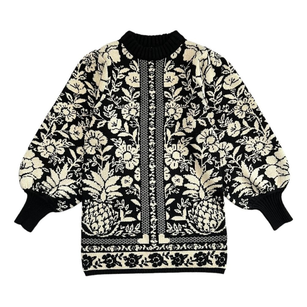 Farm Rio Black White Pineapple Garden Mini Knit Balloon Sleeve Sweater‎ Dress M